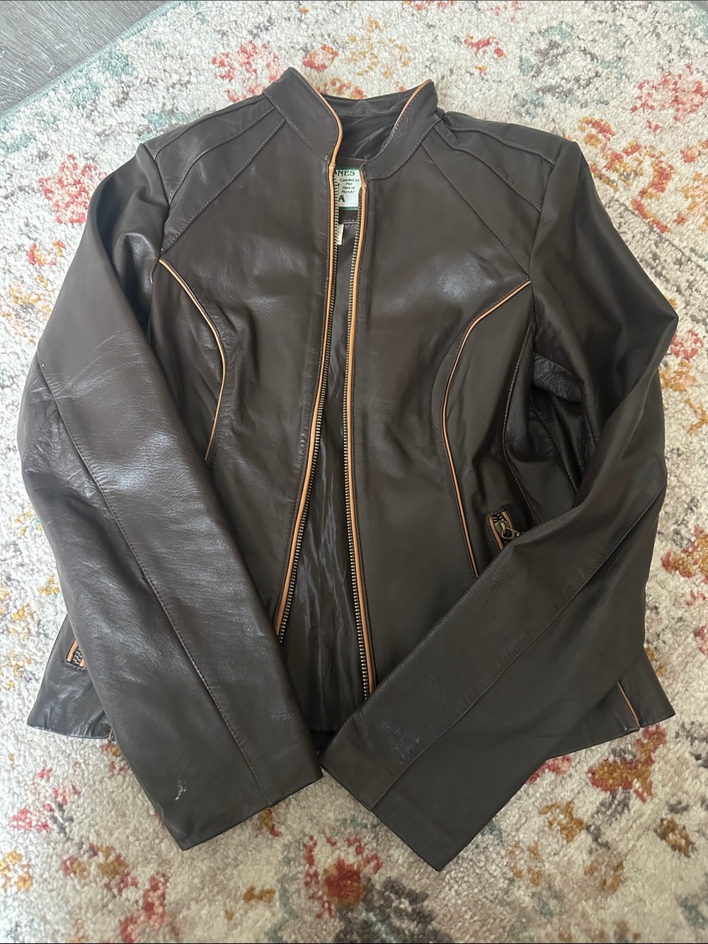 Jones New York Chocolate Brown Real Leather Jacket with Tan Piping